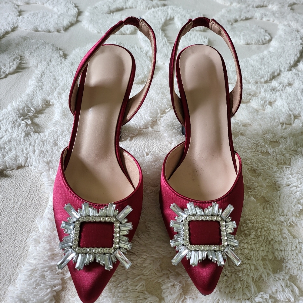 Rhinestone pyramid heeled slingback pumps